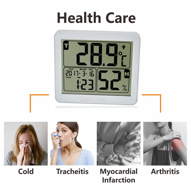 LCD Display Backlight Digital Indoor Thermometer and Humidity Monitor with Time and Alarm