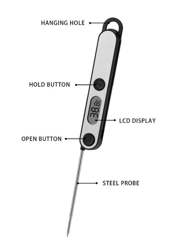 Digital Instant Read Cooking Meat Thermometer with Digital LCD, Folding Long Probe for Kitchen BBQ Grill Smoker